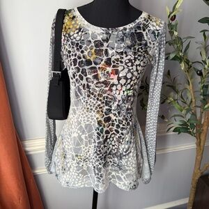 Y2K Sheer Mesh Graphic Peplum Top Ruched Long Sleeve Size S